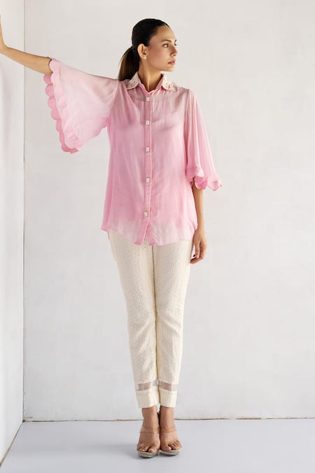 Bharat Adiani Pink Pure Soft Organza Embroidered Floral Collared Bell Sleeve Shirt And Pant Set 