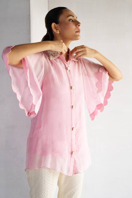 Shop Bharat Adiani Pink Organza, Cotton Embroidery Collared Bell Sleeve Shirt And Pant Set Online at Aza Fashions Shop_Bharat Adiani_Pink Organza, Cotton Embroidery Collared Bell Sleeve Shirt And Pant Set _Online_at_Aza_Fashions