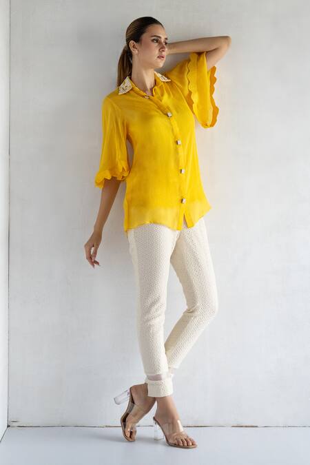 Buy_Bharat Adiani_Yellow Organza, Cotton Embroidery Collared Bell Sleeve Shirt With Pant _Online_at_Aza_Fashions