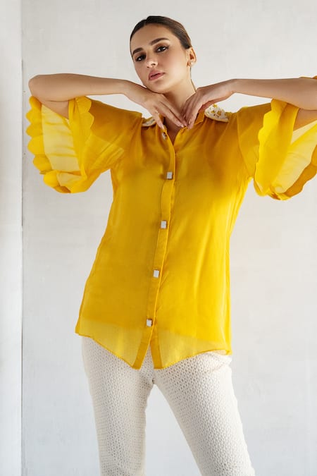 Shop_Bharat Adiani_Yellow Organza, Cotton Embroidery Collared Bell Sleeve Shirt With Pant _Online_at_Aza_Fashions