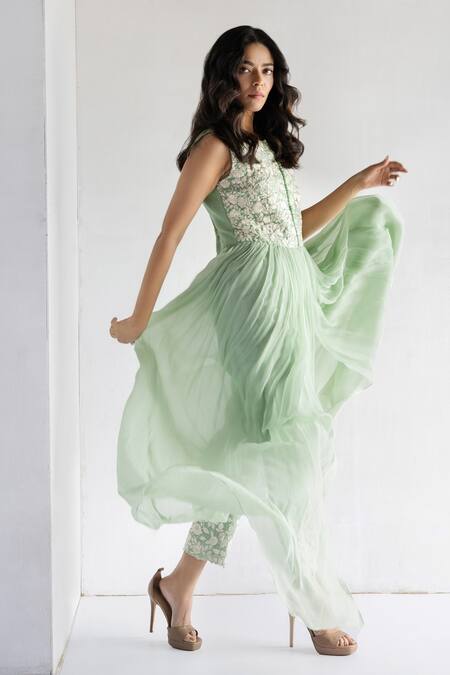 Buy_Bharat Adiani_Green Chiffon, Chanderi Embroidery Round Neck Floral Thread Kurta With Pant _Online_at_Aza_Fashions