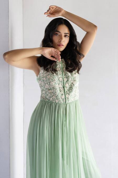 Shop_Bharat Adiani_Green Chiffon, Chanderi Embroidery Round Neck Floral Thread Kurta With Pant _Online_at_Aza_Fashions