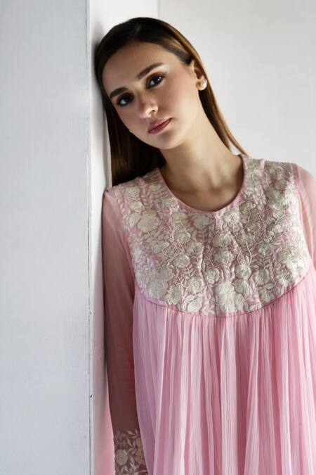 Bharat Adiani Pink Chiffon, Chanderi Embroidery Round Neck Floral Thread Midi Dress Online at Aza Fashions Bharat Adiani_Pink Chiffon, Chanderi Embroidery Round Neck Floral Thread Midi Dress _Online_at_Aza_Fashions