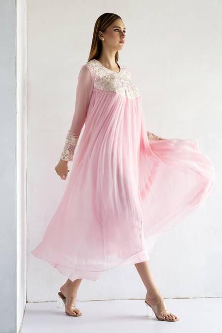 Buy Bharat Adiani Pink Chiffon, Chanderi Embroidery Round Neck Floral Thread Midi Dress Online at Aza Fashions Buy_Bharat Adiani_Pink Chiffon, Chanderi Embroidery Round Neck Floral Thread Midi Dress _Online_at_Aza_Fashions