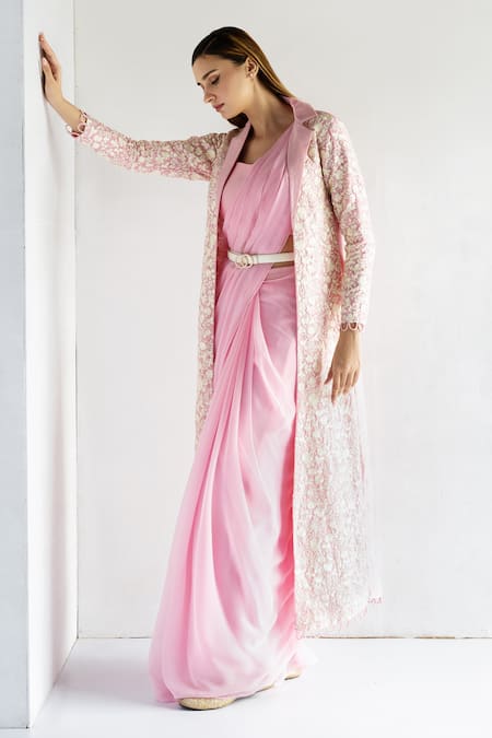 Bharat Adiani Solid Pre-Stitched Draped Saree Set With Embroidered Jacket 