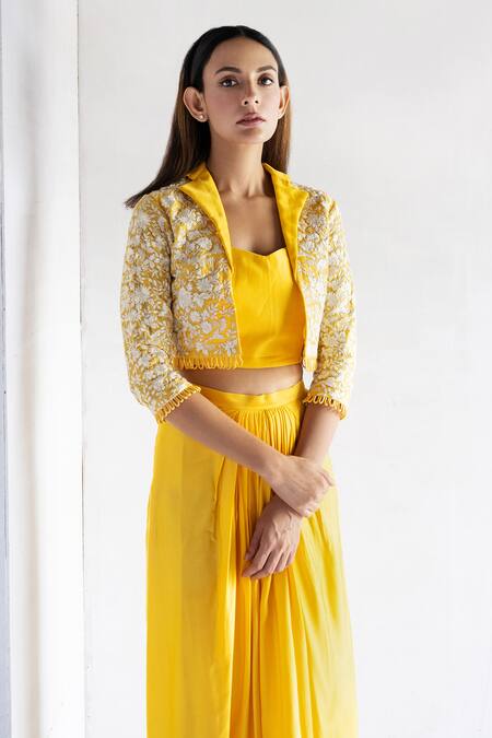 Buy_Bharat Adiani_Yellow Crepe, Chanderi Embroidery Asymmetric Draped Skirt Set With Jacket _Online_at_Aza_Fashions