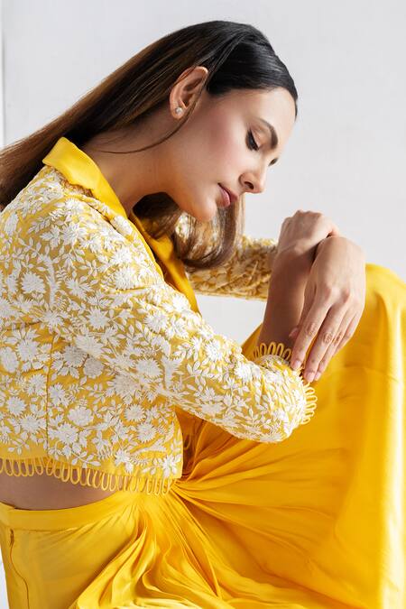 Shop_Bharat Adiani_Yellow Crepe, Chanderi Embroidery Asymmetric Draped Skirt Set With Jacket _Online_at_Aza_Fashions
