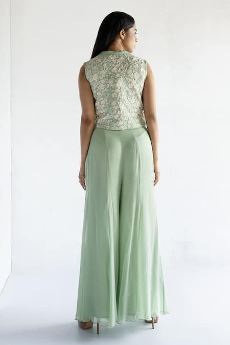 Bharat Adiani Floral Embroidered Crop Top & Pant Set 