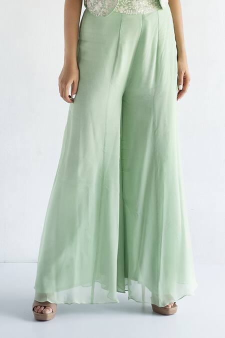 Bharat Adiani Green Georgette Embroidery Round , Open Floral Crop Top And Pant Set Online at Aza Fashions Bharat Adiani_Green Georgette Embroidery Round , Open Floral Crop Top And Pant Set _Online_at_Aza_Fashions