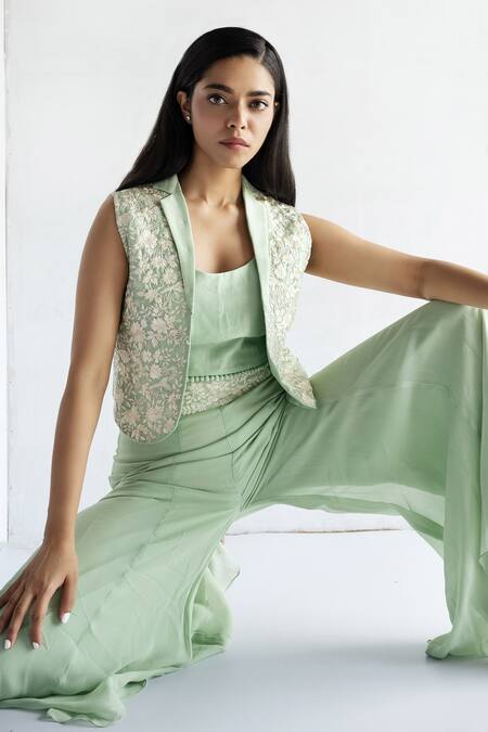 Buy Bharat Adiani Green Georgette Embroidery Round , Open Floral Crop Top And Pant Set Online at Aza Fashions Buy_Bharat Adiani_Green Georgette Embroidery Round , Open Floral Crop Top And Pant Set _Online_at_Aza_Fashions