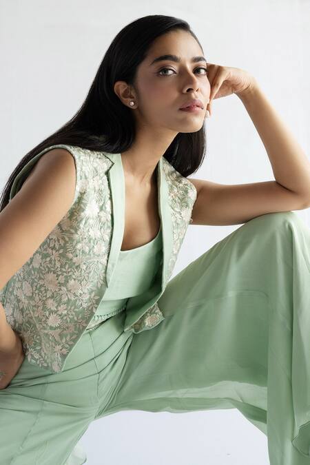 Shop Bharat Adiani Green Georgette Embroidery Round , Open Floral Crop Top And Pant Set Online at Aza Fashions Shop_Bharat Adiani_Green Georgette Embroidery Round , Open Floral Crop Top And Pant Set _Online_at_Aza_Fashions