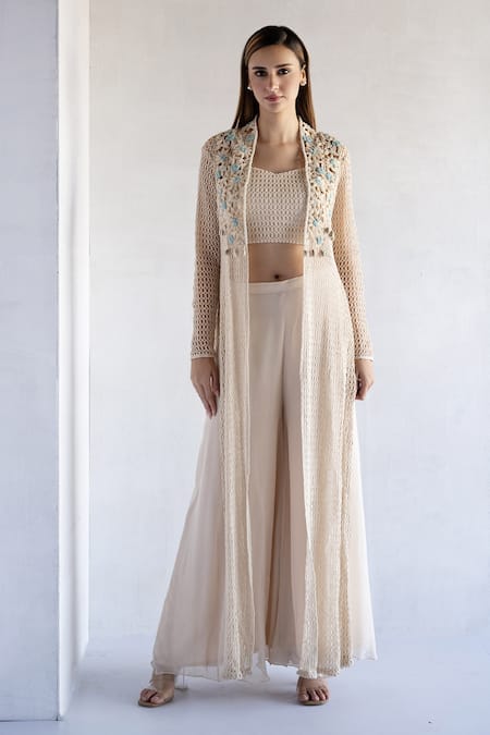 Bharat Adiani Crochet Palazzo Set With Jacket 