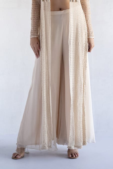 Bharat Adiani_Beige Georgette, Cotton Embroidery Sweetheart Crochet Palazzo Set With Jacket _Online_at_Aza_Fashions
