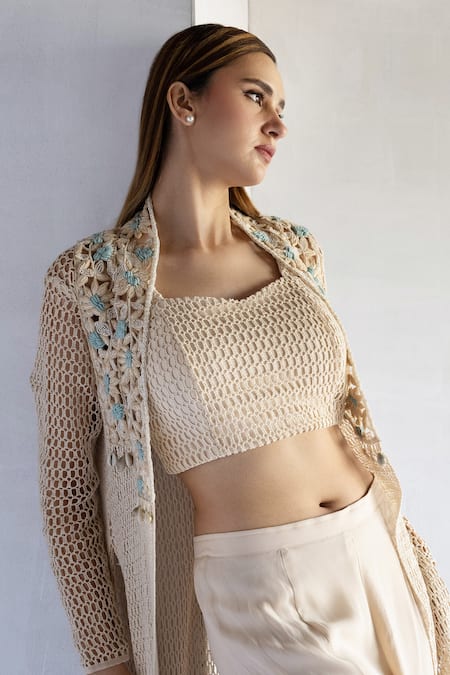 Buy_Bharat Adiani_Beige Georgette, Cotton Embroidery Sweetheart Crochet Palazzo Set With Jacket _Online_at_Aza_Fashions