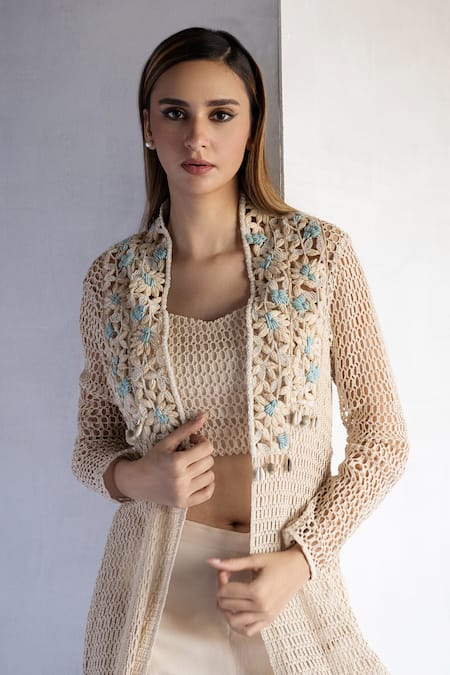 Shop_Bharat Adiani_Beige Georgette, Cotton Embroidery Sweetheart Crochet Palazzo Set With Jacket _Online_at_Aza_Fashions