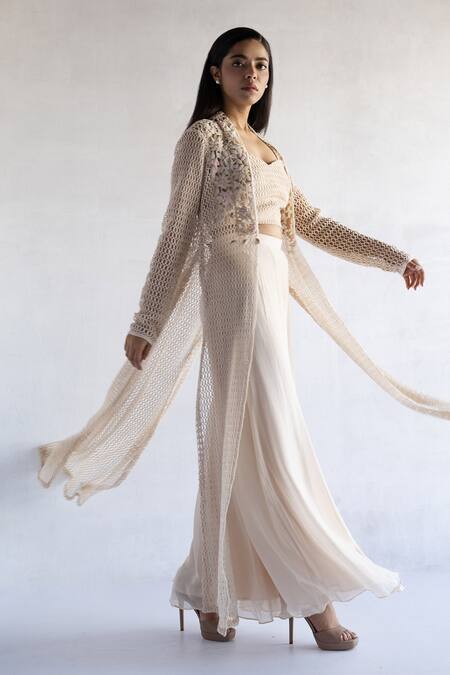 Bharat Adiani Beige Georgette, Cotton Embroidery Sweetheart Neck, Crochet Palazzo Set And Jacket Online at Aza Fashions Bharat Adiani_Beige Georgette, Cotton Embroidery Sweetheart Neck, Crochet Palazzo Set And Jacket _Online_at_Aza_Fashions
