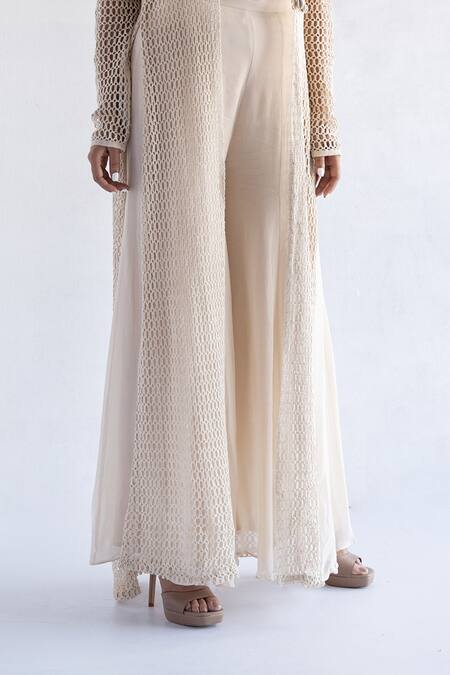 Buy Bharat Adiani Beige Georgette, Cotton Embroidery Sweetheart Neck, Crochet Palazzo Set And Jacket Online at Aza Fashions Buy_Bharat Adiani_Beige Georgette, Cotton Embroidery Sweetheart Neck, Crochet Palazzo Set And Jacket _Online_at_Aza_Fashions