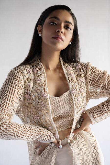 Shop Bharat Adiani Beige Georgette, Cotton Embroidery Sweetheart Neck, Crochet Palazzo Set And Jacket Online at Aza Fashions Shop_Bharat Adiani_Beige Georgette, Cotton Embroidery Sweetheart Neck, Crochet Palazzo Set And Jacket _Online_at_Aza_Fashions