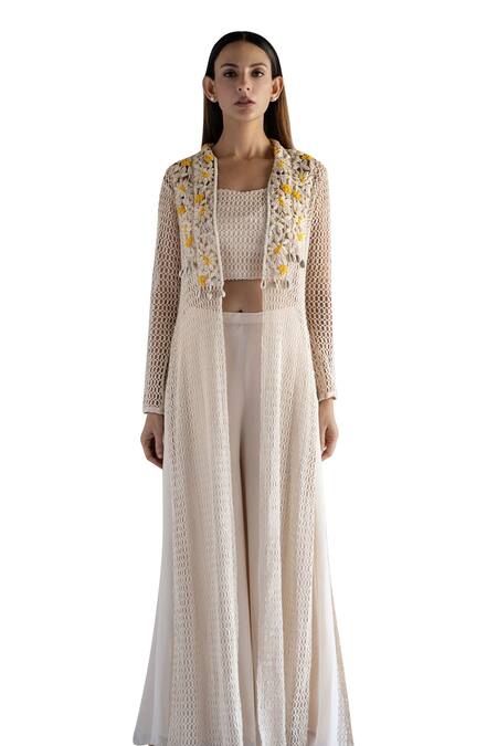 Bharat Adiani Beige Georgette Embroidery Sweetheart Neck, Crochet Palazzo Set With Jacket Online at Aza Fashions Bharat Adiani_Beige Georgette Embroidery Sweetheart Neck, Crochet Palazzo Set With Jacket _Online_at_Aza_Fashions