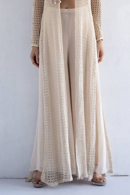 Buy Bharat Adiani Beige Georgette Embroidery Sweetheart Neck, Crochet Palazzo Set With Jacket Online at Aza Fashions Buy_Bharat Adiani_Beige Georgette Embroidery Sweetheart Neck, Crochet Palazzo Set With Jacket _Online_at_Aza_Fashions