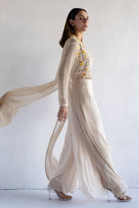Shop Bharat Adiani Beige Georgette Embroidery Sweetheart Neck, Crochet Palazzo Set With Jacket Online at Aza Fashions Shop_Bharat Adiani_Beige Georgette Embroidery Sweetheart Neck, Crochet Palazzo Set With Jacket _Online_at_Aza_Fashions