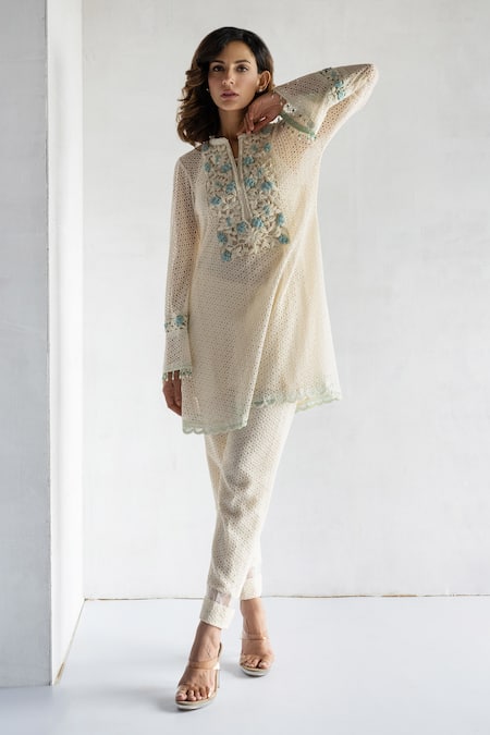 Bharat Adiani A-Line Crochet Kurta & Pant Set 