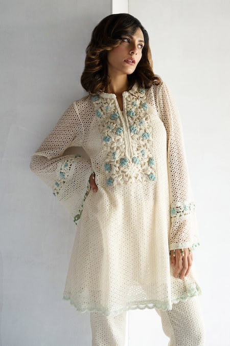 Bharat Adiani A-Line Crochet Kurta & Pant Set 