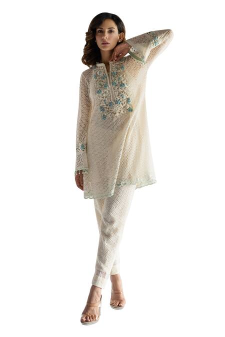 Bharat Adiani_Beige Cotton Embroidery Bandeau Neck A-line Crochet Kurta And Pant Set _Online_at_Aza_Fashions