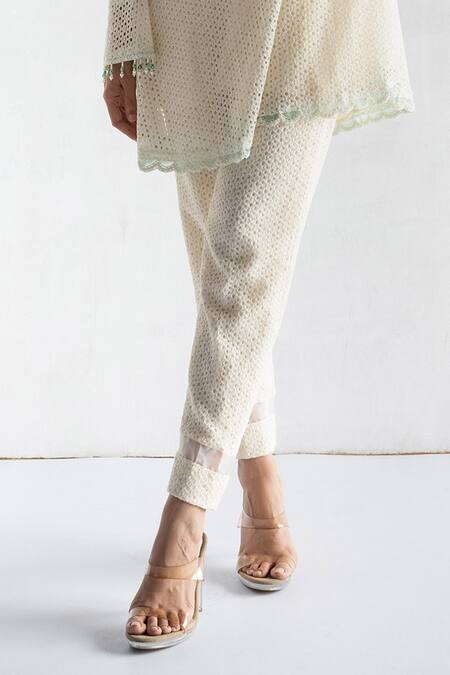 Buy_Bharat Adiani_Beige Cotton Embroidery Bandeau Neck A-line Crochet Kurta And Pant Set _Online_at_Aza_Fashions