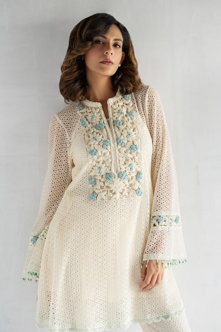 Shop_Bharat Adiani_Beige Cotton Embroidery Bandeau Neck A-line Crochet Kurta And Pant Set _Online_at_Aza_Fashions