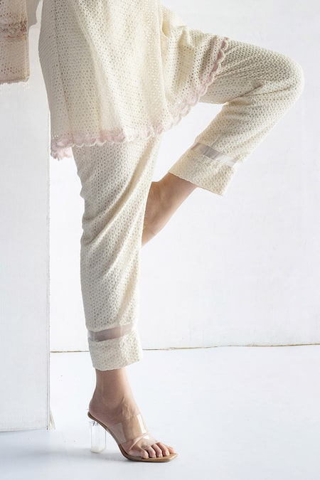 Bharat Adiani Beige Cotton Embroidery Bandeau Neck A-line Crochet Kurta With Pant Online at Aza Fashions Bharat Adiani_Beige Cotton Embroidery Bandeau Neck A-line Crochet Kurta With Pant _Online_at_Aza_Fashions