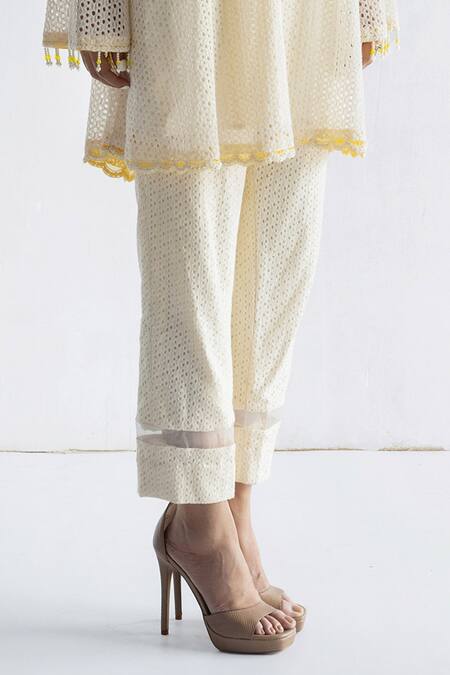 Bharat Adiani_Beige Cotton Embroidery Bandeau Neck Crochet A-line Kurta With Pant _Online_at_Aza_Fashions