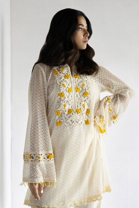 Shop_Bharat Adiani_Beige Cotton Embroidery Bandeau Neck Crochet A-line Kurta With Pant _Online_at_Aza_Fashions