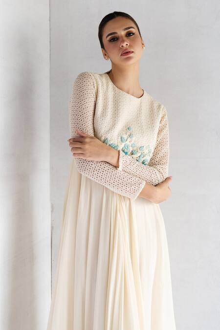 Bharat Adiani Beige Georgette, Cotton Embroidery Round Neck Floral Tunic Online at Aza Fashions Bharat Adiani_Beige Georgette, Cotton Embroidery Round Neck Floral Tunic _Online_at_Aza_Fashions
