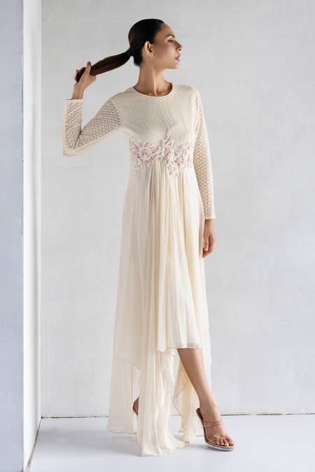 Bharat Adiani Beige Georgette Embroidery Round Neck Floral Asymmetric Tunic Online at Aza Fashions Bharat Adiani_Beige Georgette Embroidery Round Neck Floral Asymmetric Tunic _Online_at_Aza_Fashions