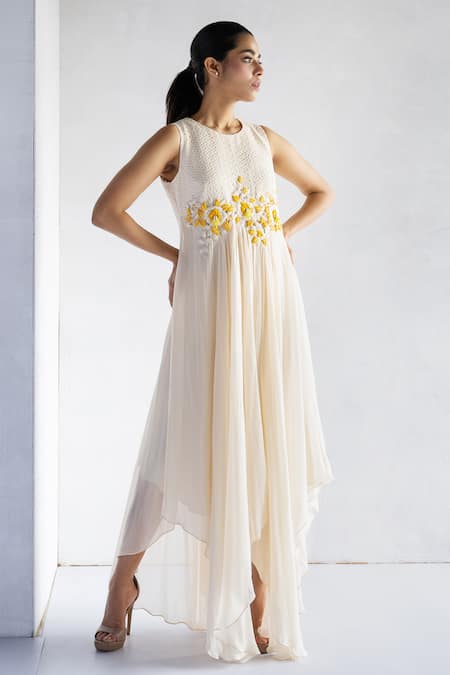 Bharat Adiani Beige Georgette, Cotton Embroidery Round Neck Asymmetric Floral Tunic Online at Aza Fashions Bharat Adiani_Beige Georgette, Cotton Embroidery Round Neck Asymmetric Floral Tunic _Online_at_Aza_Fashions