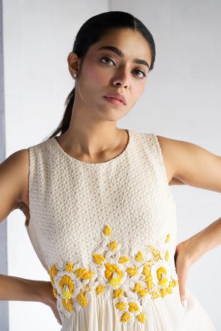 Buy Bharat Adiani Beige Georgette, Cotton Embroidery Round Neck Asymmetric Floral Tunic Online at Aza Fashions Buy_Bharat Adiani_Beige Georgette, Cotton Embroidery Round Neck Asymmetric Floral Tunic _Online_at_Aza_Fashions