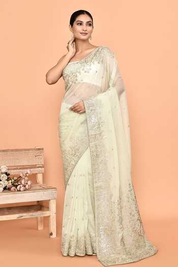 Green Embellished Satin Saree With Unstitched Blouse Piece