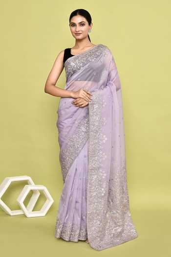 Mauve Floral Embroidered Silk Blend Saree With Unstitched Blouse Piece