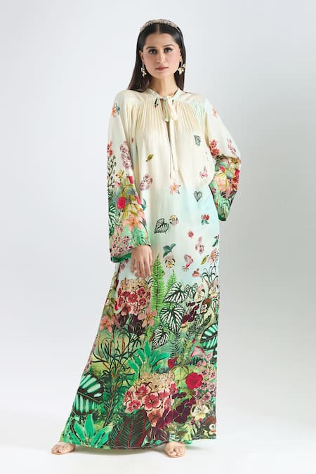 Prints by Radhika Multi Color Twill Silk Satin Printed Botanical Keyhole Placement Kaftan 