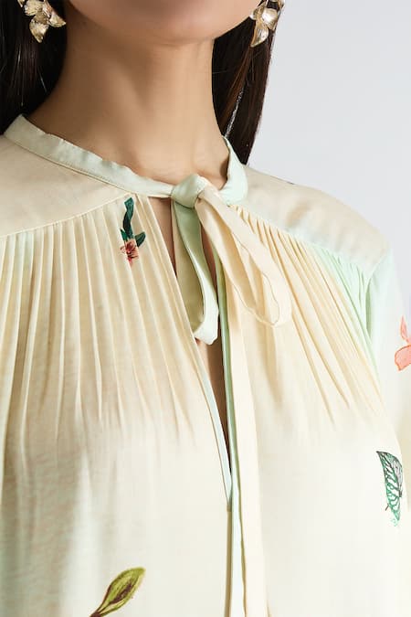 Prints By Radhika_Multi Color Twill, Silk Satin Keyhole Neck Botanical Placement Print Kaftan _Online_at_Aza_Fashions