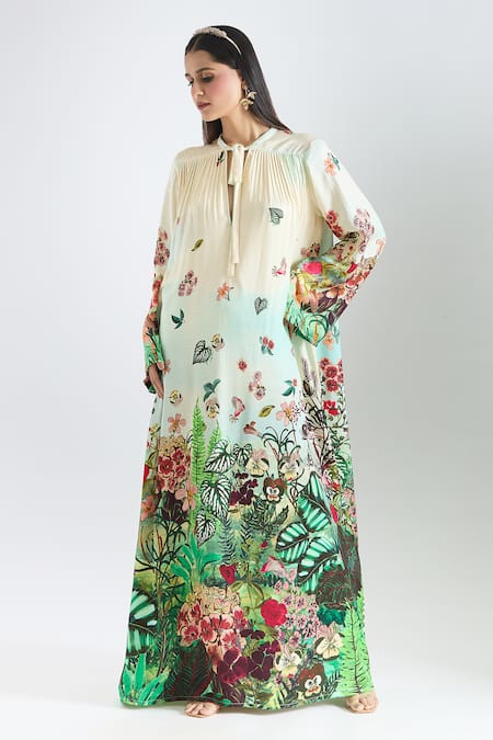 Buy_Prints By Radhika_Multi Color Twill, Silk Satin Keyhole Neck Botanical Placement Print Kaftan _Online_at_Aza_Fashions