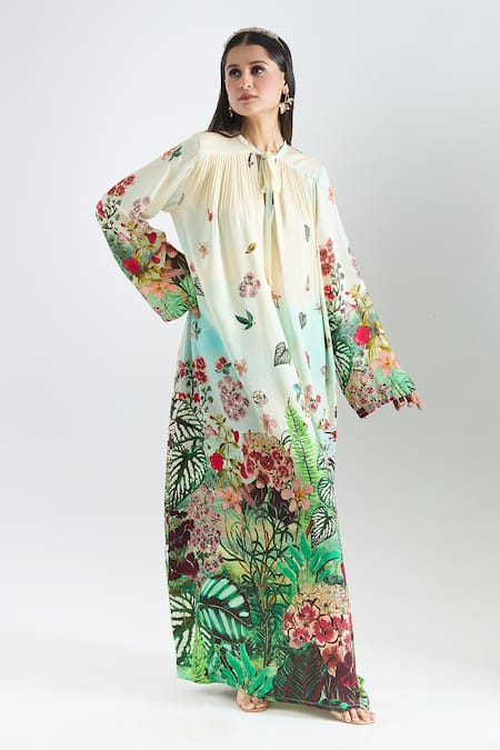 Shop_Prints By Radhika_Multi Color Twill, Silk Satin Keyhole Neck Botanical Placement Print Kaftan _Online_at_Aza_Fashions