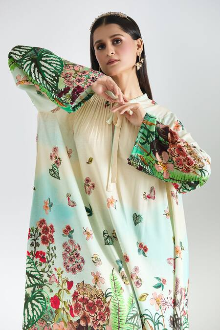 Prints By Radhika_Multi Color Twill, Silk Satin Keyhole Neck Botanical Placement Print Kaftan _at_Aza_Fashions