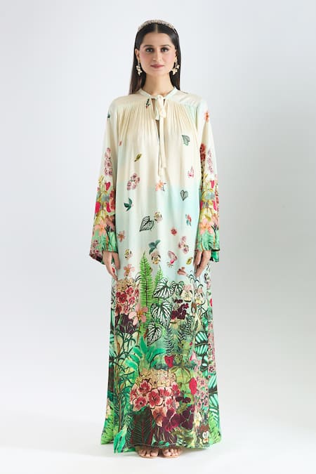 Buy_Prints By Radhika_Multi Color Twill, Silk Satin Keyhole Neck Botanical Placement Print Kaftan 