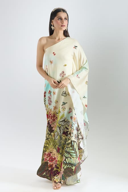 Prints by Radhika Multi Color Twill Silk Satin Printed Botanical Asymmetric One Shoulder Kaftan 