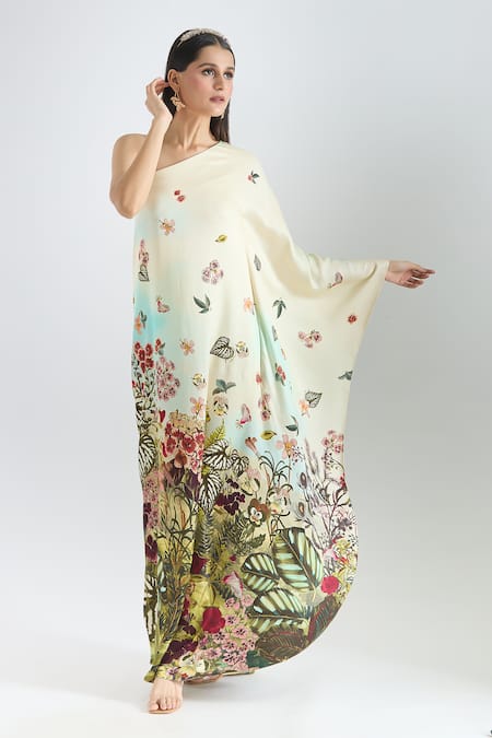 Shop_Prints By Radhika_Multi Color Crepe, Twill, Silk Satin Asymmetric One Shoulder Printed Kaftan _Online_at_Aza_Fashions