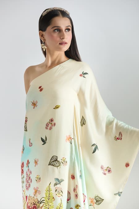 Prints By Radhika_Multi Color Crepe, Twill, Silk Satin Asymmetric One Shoulder Printed Kaftan _at_Aza_Fashions