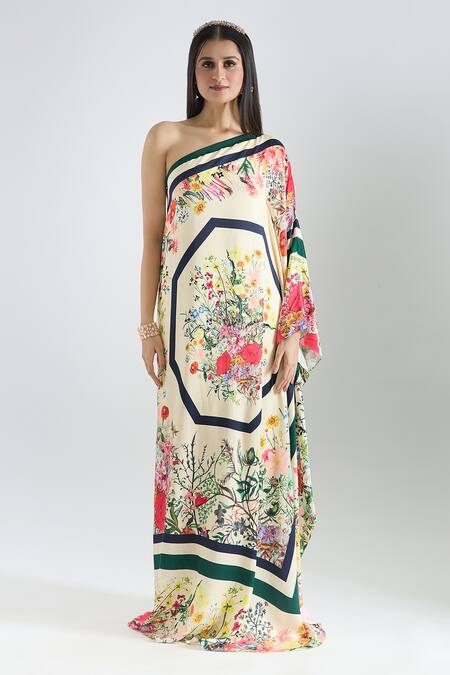 Prints By Radhika_Multi Color Crepe, Twill, Silk Satin Asymmetric Bouquet Print Kaftan _Online_at_Aza_Fashions