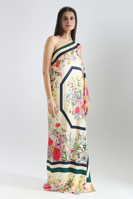 Shop_Prints By Radhika_Multi Color Crepe, Twill, Silk Satin Asymmetric Bouquet Print Kaftan _Online_at_Aza_Fashions